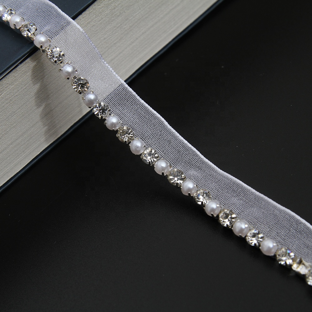 Wholesale Chain lace trim rhinestone 1.2 cm Sew-On lace trim Polyester net mesh Lace trimmings wedding for clothes  Accessories