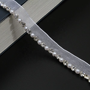 Wholesale Chain lace trim rhinestone 1.2 cm Sew-On lace trim Polyester net mesh Lace trimmings wedding for clothes  Accessories