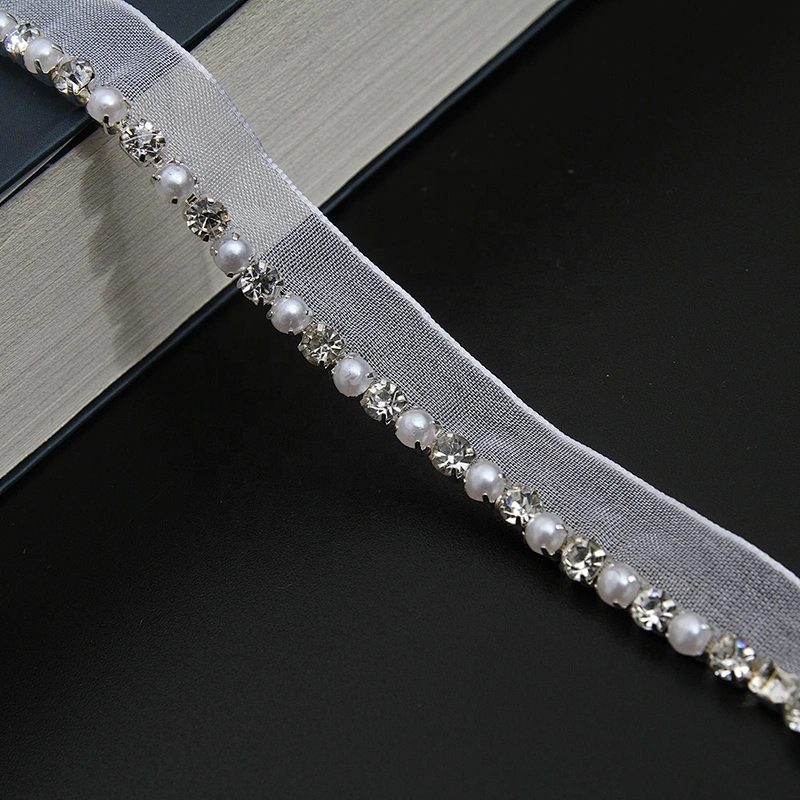 Wholesale Chain lace trim rhinestone 1.2 cm Sew-On lace trim Polyester net mesh Lace trimmings wedding for clothes  Accessories