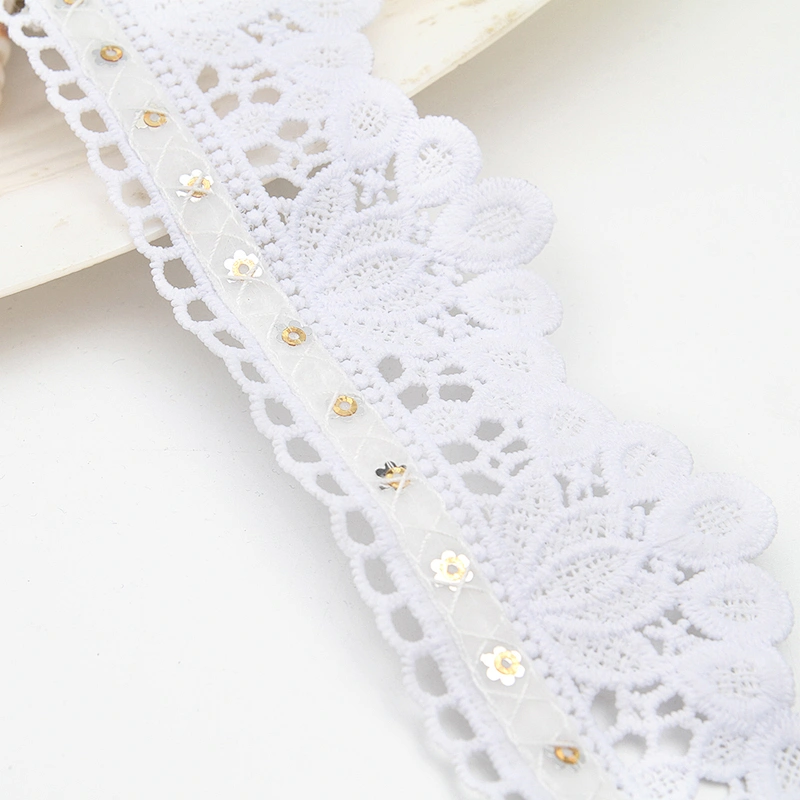 Wholesale sequins Lace Trim Water soluble lace white bridal lace trim Embroidery Sequin Tape For Dress cheap