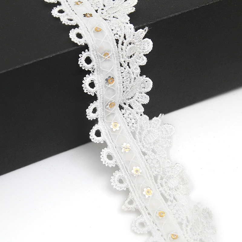 Wholesale sequins Lace Trim Water soluble lace white bridal lace trim Embroidery Sequin Tape For Dress cheap