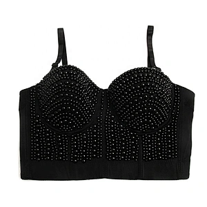 High corset crop top sexy black women's handmade rhinestone diamond sexy underwear fashion sexy underwear