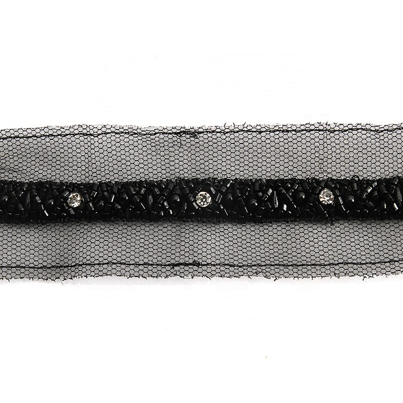 Wholesale black color glass crystal rhinestone lace embroidery beaded chain lace trimming