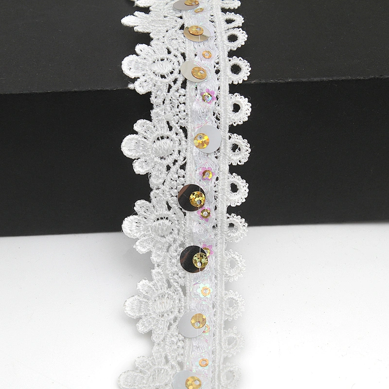 Wholesale sequins Lace Trim Water soluble lace white bridal lace trim Embroidery Sequin Tape For Dress cheap