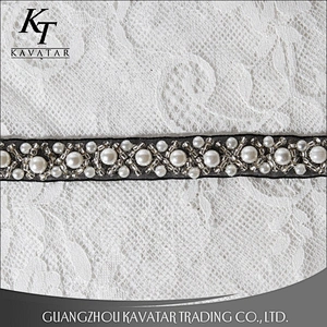 Fashion Beaded Pearls Cross-over Design Lace Trim For Wedding Dress