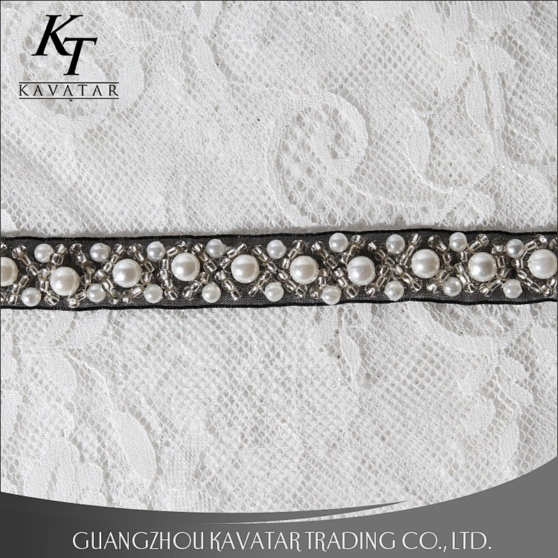Fashion Beaded Pearls Cross-over Design Lace Trim For Wedding Dress