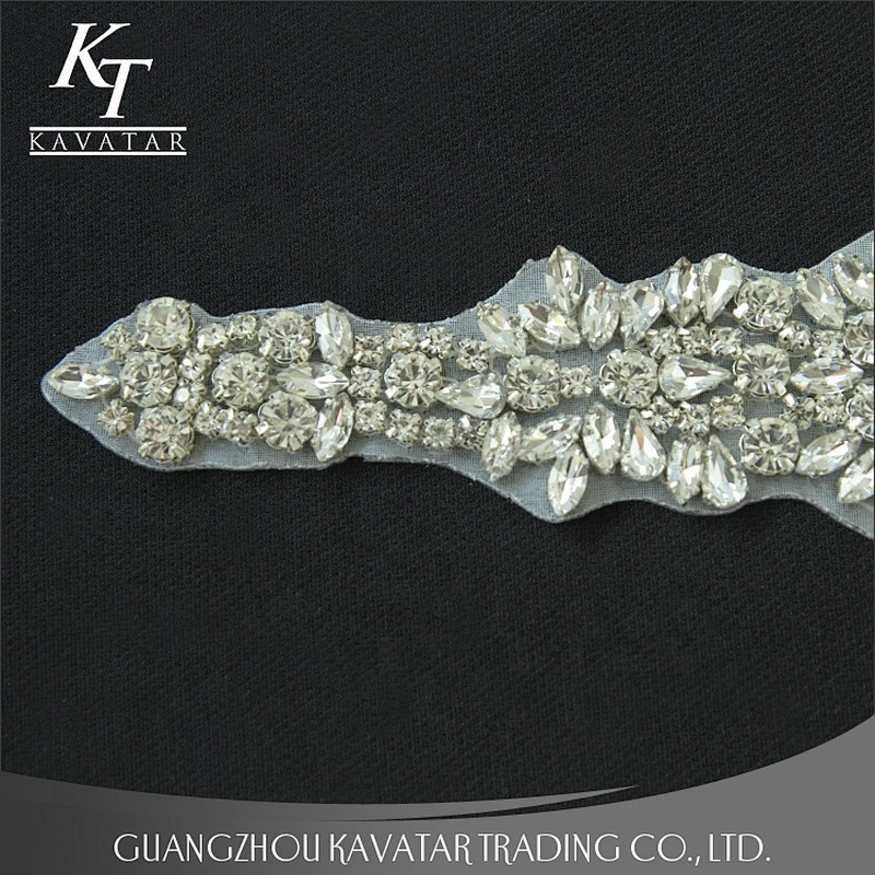 Kavatar Hot Sale Neckline Sew On Fabric  Applique rhinestone  bling Crystal belt for Bridal Dress Accessories