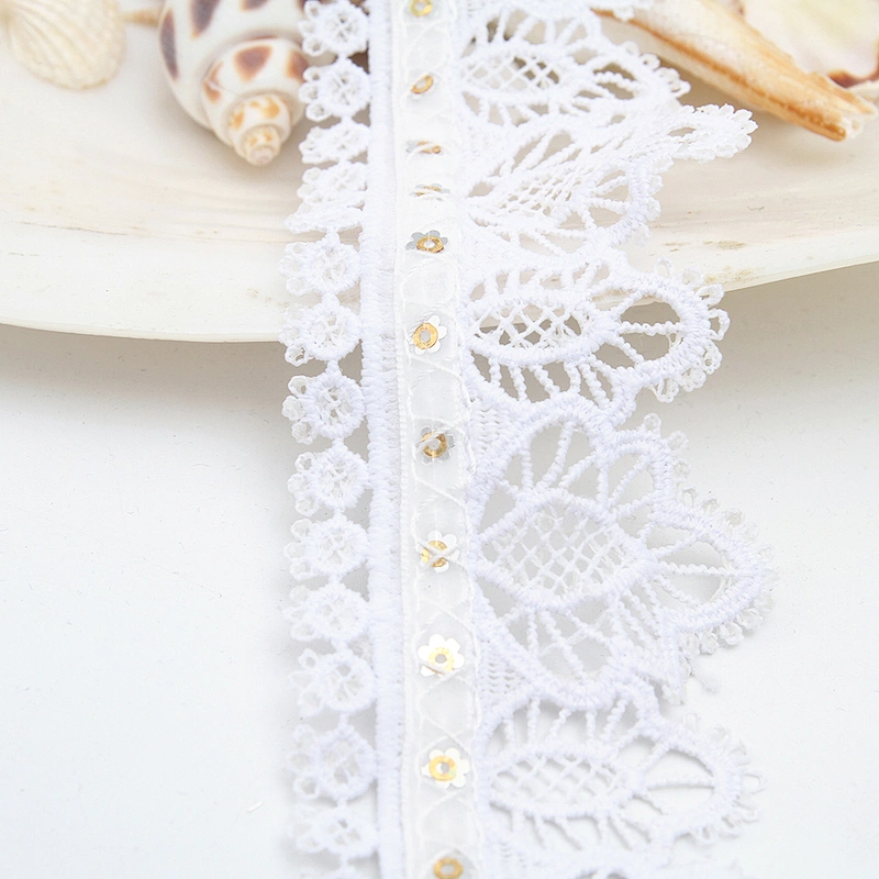 Wholesale sequins Lace Trim Water soluble lace white bridal lace trim Embroidery Sequin Tape For Dress cheap