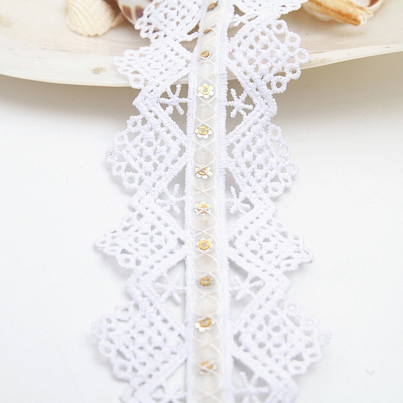 Wholesale sequins Lace Trim Water soluble lace white bridal lace trim Embroidery Sequin Tape For Dress cheap
