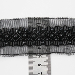 Bugle crystal black bead pearl heavy bead bridal sash  jewelry pearl beading luxury trim