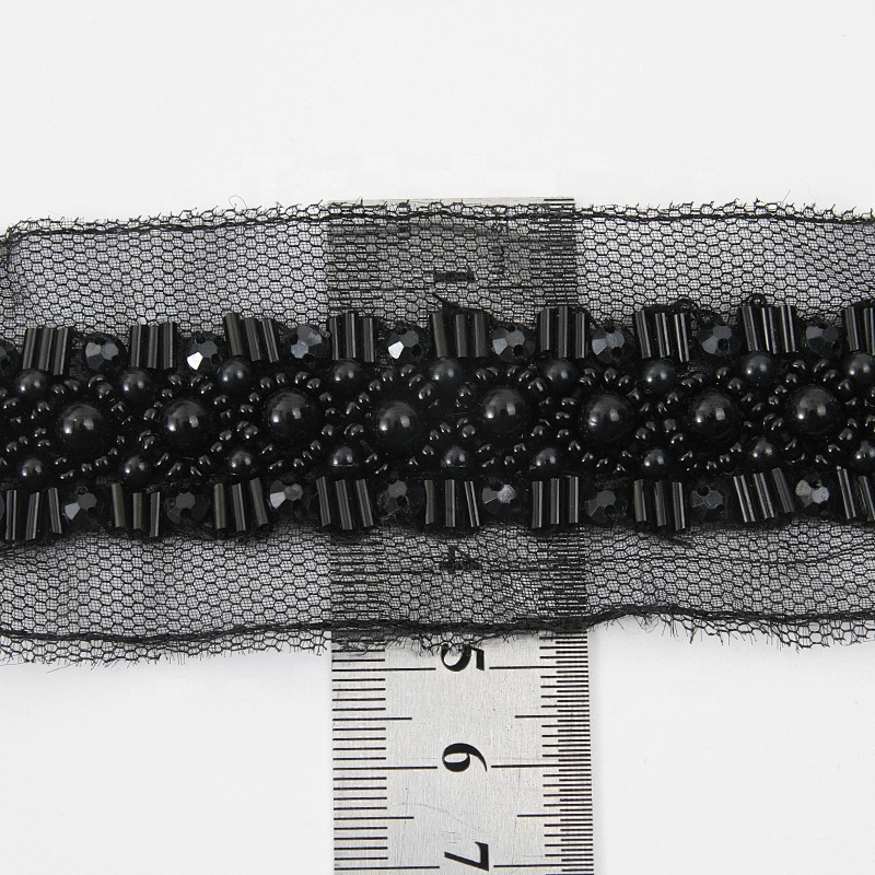 Bugle crystal black bead pearl heavy bead bridal sash  jewelry pearl beading luxury trim