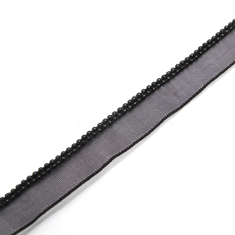 Wholesale Chain lace trim black beaded 1.1 cm Sew-On lace trim Polyester net mesh Lace trimmings for clothes  Accessories