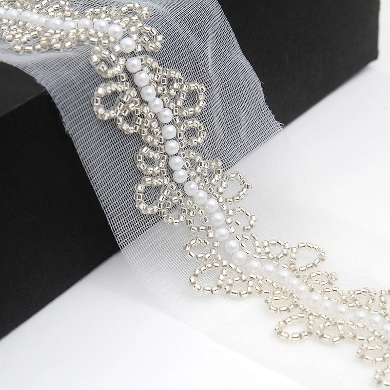 Wholesale Embroidery beaded lace trim 6.5 cm Mesh fabric lace trims beautiful White Accessories for dress 3D wedding Designer