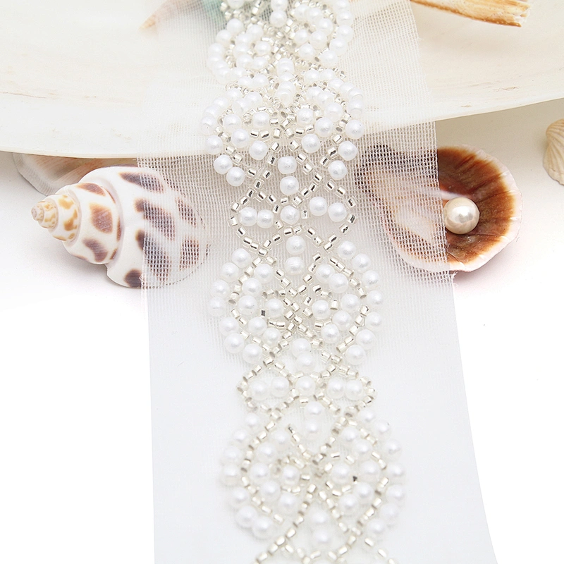 Wholesale Embroidery beaded lace trim 6.2 cm Mesh fabric lace trims beautiful White Accessories for dress 3D wedding Designer