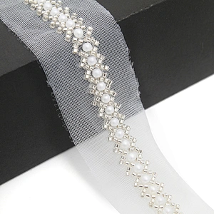 Wholesale Embroidery beaded lace trim 3.8 cm Mesh fabric lace trims beautiful White Accessories for dress 3D wedding Designer