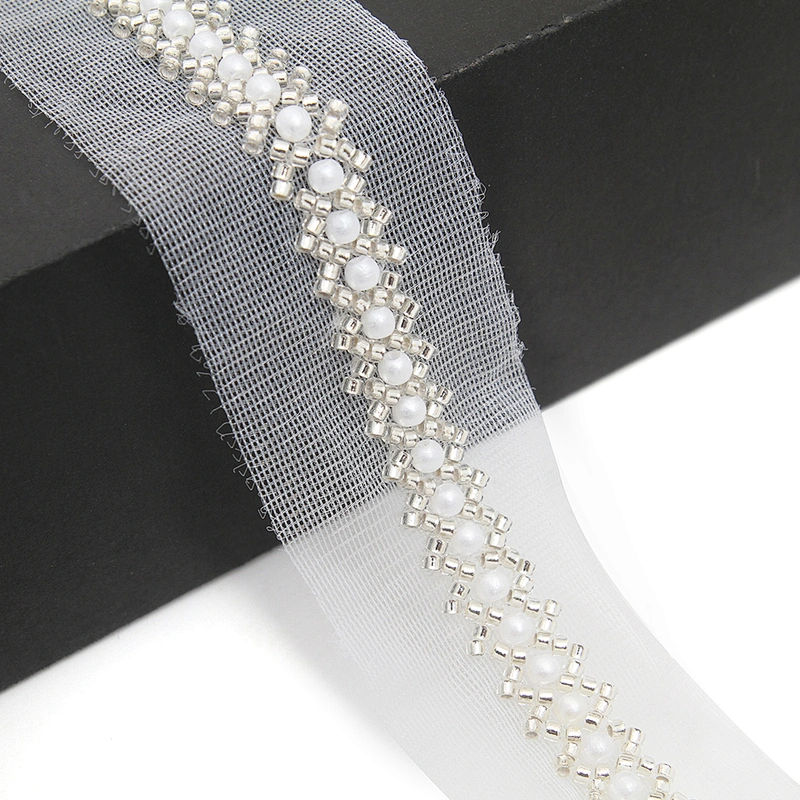 Wholesale Embroidery beaded lace trim 3.8 cm Mesh fabric lace trims beautiful White Accessories for dress 3D wedding Designer