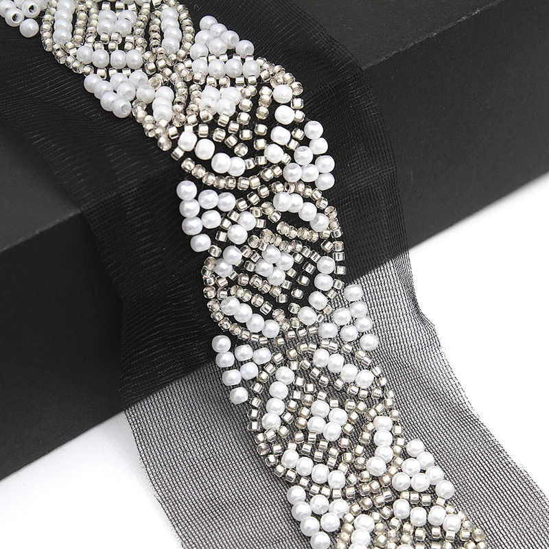 Wholesale Embroidery beaded lace trim 7.1 cm Mesh fabric lace trims beautiful Accessories for dress 3D wedding Designer