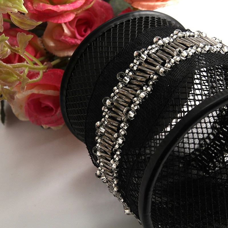 Fancy lace trim customize color glass tube lace beaded rhinestone lace trim