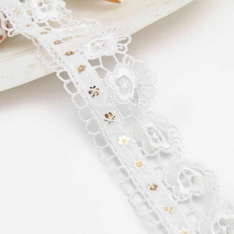 Wholesale sequins Lace Trim Water soluble lace white bridal lace trim Embroidery Sequin Tape For Dress cheap