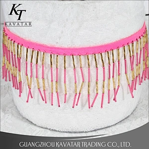 High quality 7.5cm Width Pink Beaded Fringe Tassel Trim For Decoration