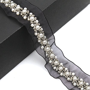 Hand Embroidered kavatar Tulle Trim with Accessories Beads Crystals & Rhinestones
