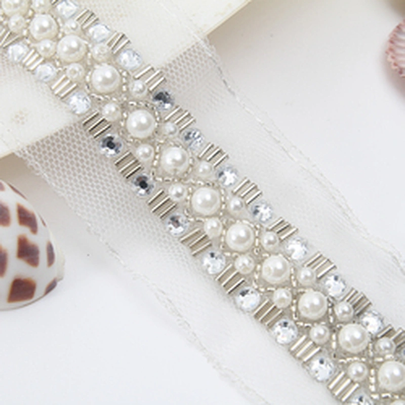 Bugle crystal black bead pearl heavy bead bridal sash  jewelry pearl beading luxury trim