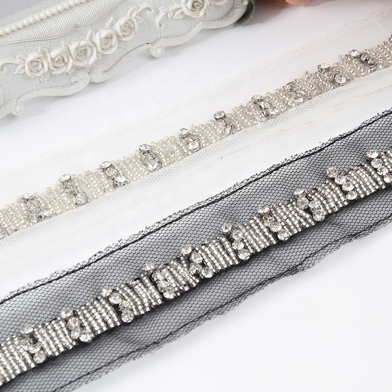 Hand Embroidered kavatar Tulle Trim with Accessories Beads, Crystals & Rhinestones