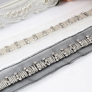 Hand Embroidered kavatar Tulle Trim with Accessories Beads, Crystals & Rhinestones