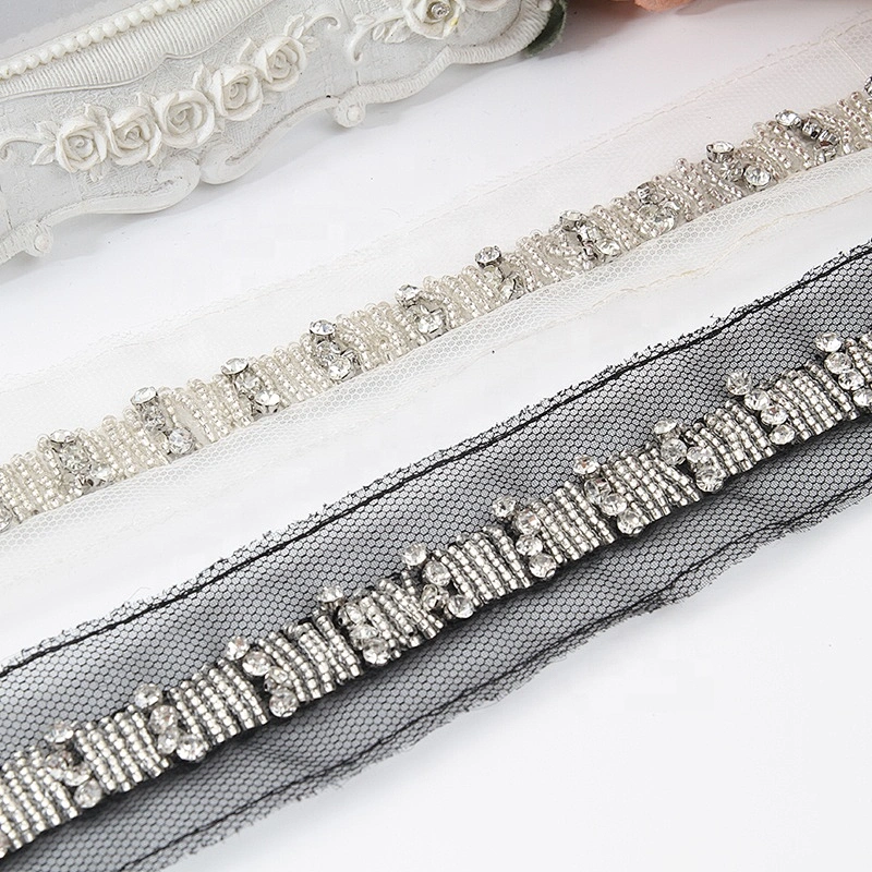 Hand Embroidered kavatar Tulle Trim with Accessories Beads, Crystals & Rhinestones