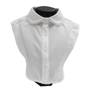 Spring/Summer Korean version of white hollow out with short sleeve vertical stripe lace collar lotus leaf shirt collar false col