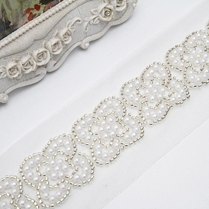 Wholesale Embroidery beaded lace trim 5.8 cm Mesh fabric lace trims beautiful White Accessories for dress 3D wedding Designer