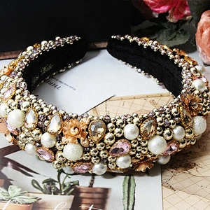 Pink bead headband blue color pearl headband Bridal with hand sewn acrylic bead flower Hairbands bow hairband latest hairband de