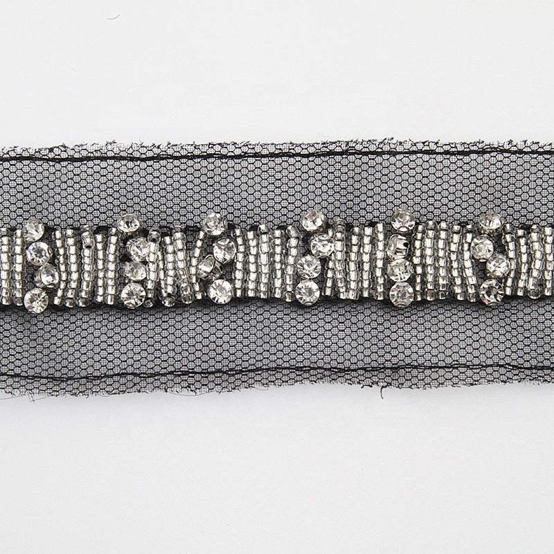 Hand Embroidered kavatar Tulle Trim with Accessories Beads, Crystals & Rhinestones