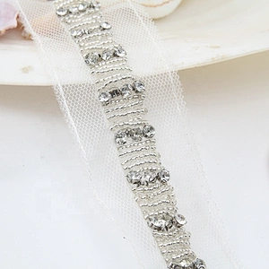 Hand Embroidered kavatar Tulle Trim with Accessories Beads, Crystals & Rhinestones