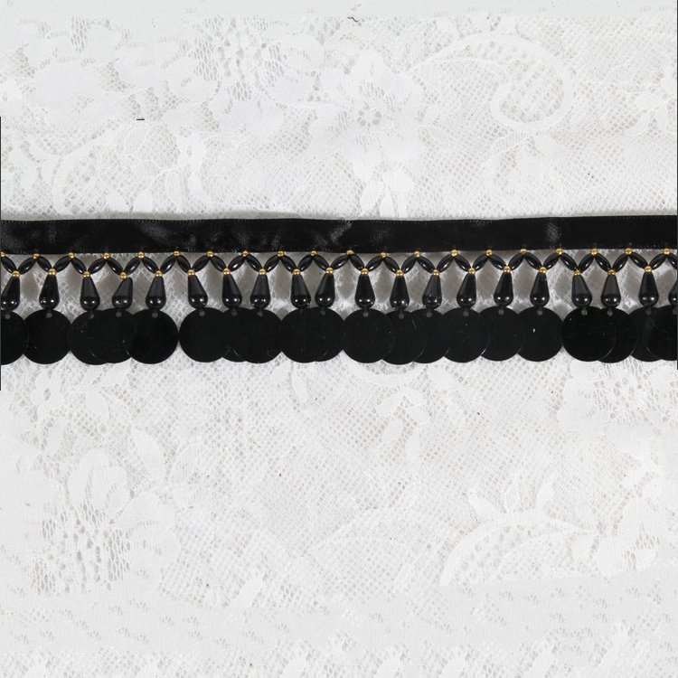 Kavatar Black Plastic Beaded Tassel Fringe Garment Sequin Fringe Decorative For Dance Dress