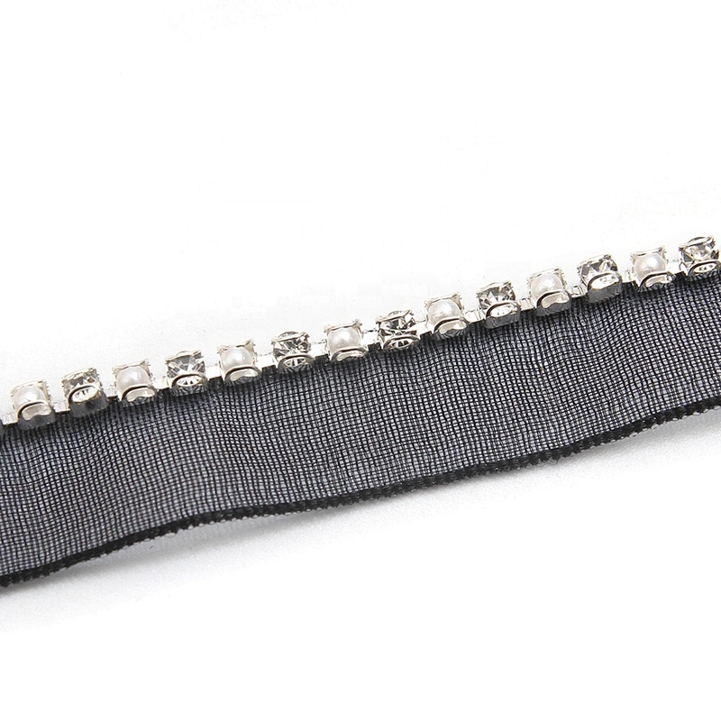 Wholesale Chain lace trim pearl rhinestone 1.1 cm Sew-On lace trim Polyester net mesh Lace trimmings for clothes  Accessories