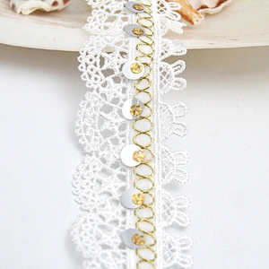 Wholesale sequins Lace Trim Water soluble lace white bridal lace trim Embroidery Sequin Tape For Dress cheap