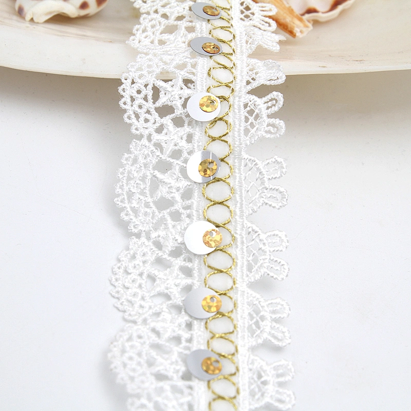 Wholesale sequins Lace Trim Water soluble lace white bridal lace trim Embroidery Sequin Tape For Dress cheap