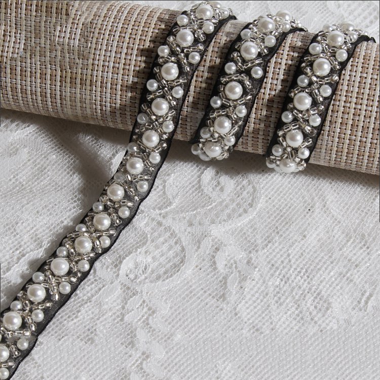 Fashion Beaded Pearls Cross-over Design Lace Trim For Wedding Dress
