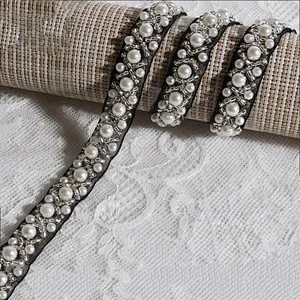 Fashion Beaded Pearls Cross-over Design Lace Trim For Wedding Dress
