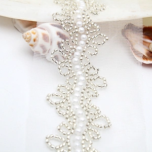 Wholesale Embroidery beaded lace trim 6.5 cm Mesh fabric lace trims beautiful White Accessories for dress 3D wedding Designer