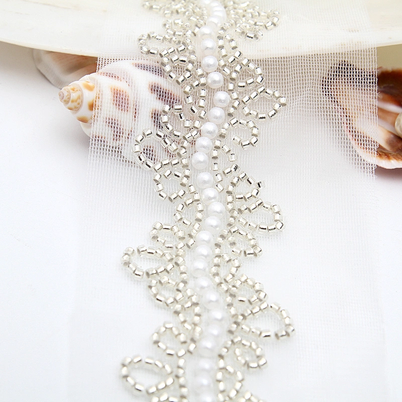 Wholesale Embroidery beaded lace trim 6.5 cm Mesh fabric lace trims beautiful White Accessories for dress 3D wedding Designer