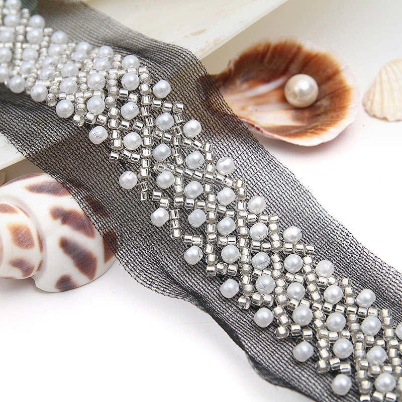 Wholesale Embroidery beaded lace trim 4.7 cm Mesh fabric lace trims beautiful Accessories for dress 3D wedding Designer