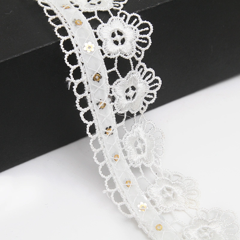 Wholesale sequins Lace Trim Water soluble lace white bridal lace trim Embroidery Sequin Tape For Dress cheap