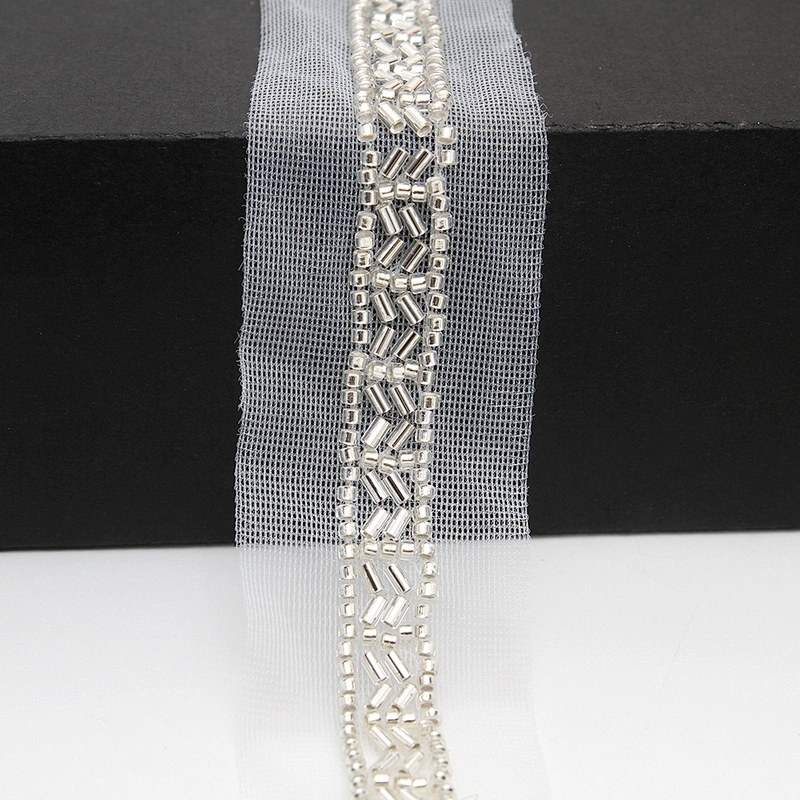 Wholesale Embroidery beaded lace trim 3.7 cm Mesh fabric lace trims beautiful White Accessories for dress 3D wedding Designer