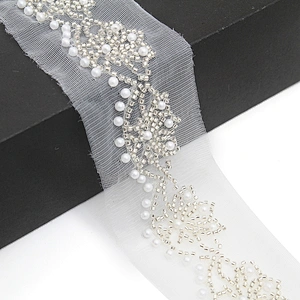 Wholesale Embroidery beaded lace trim 5.7 cm Mesh fabric lace trims beautiful White Accessories for dress 3D wedding Designer