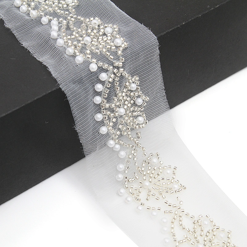 Wholesale Embroidery beaded lace trim 5.7 cm Mesh fabric lace trims beautiful White Accessories for dress 3D wedding Designer