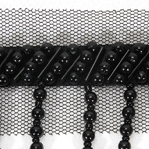 Black 4.5cm Short Plastic Beads Fringe Trim with Mesh Lace Border Backing