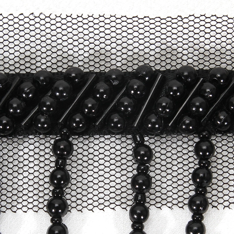 Black 4.5cm Short Plastic Beads Fringe Trim with Mesh Lace Border Backing