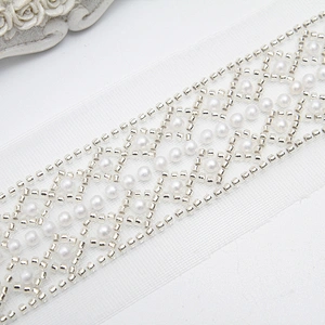 Wholesale Embroidery beaded lace trim 5.8 cm Mesh fabric lace trims beautiful White Accessories for dress 3D wedding Designer